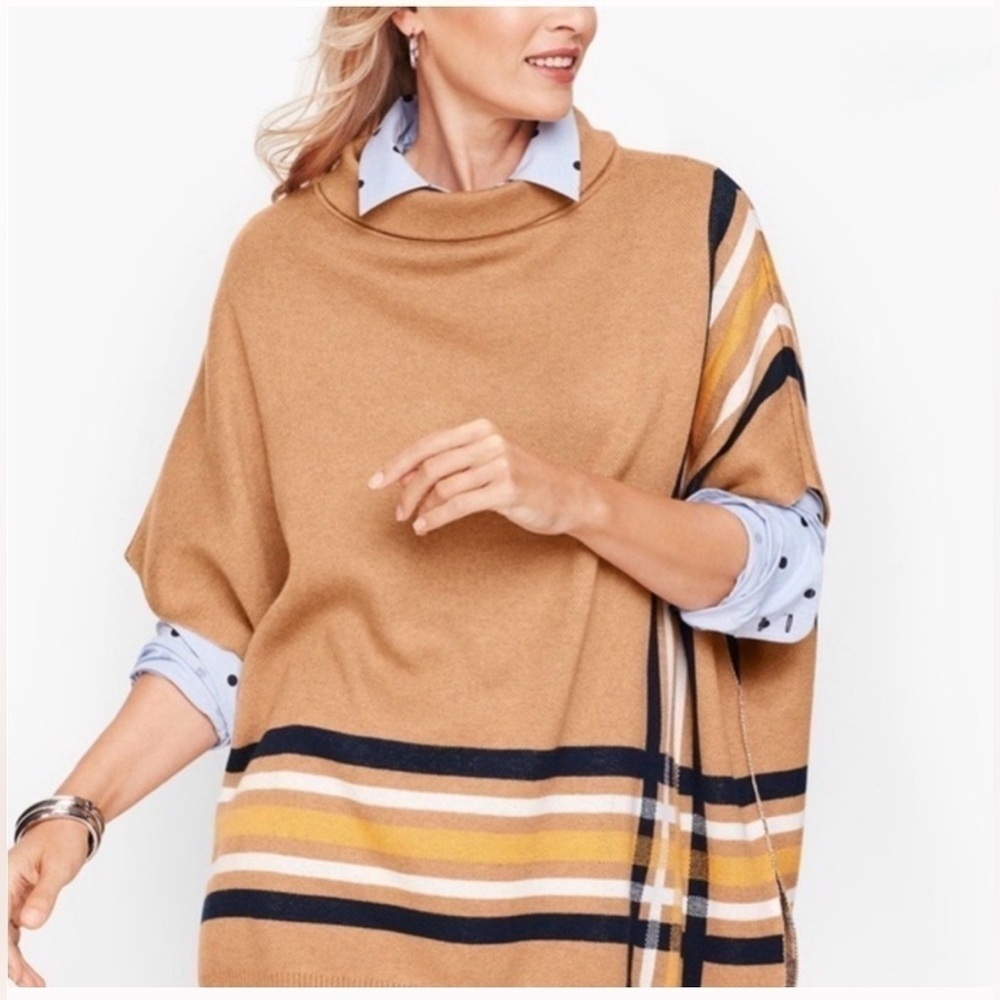 TALBOTS Sabrina poncho sweater preppy classic fall tan navy mustard EUC sz M/L - Picture 3 of 15